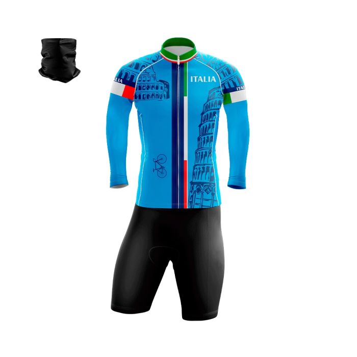 Conjunto Ciclismo Bermuda e Camisa Longa Itália Coliseum Forro Espuma + Bandana