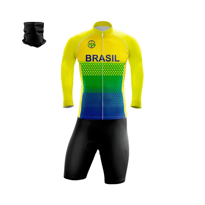 Conjunto Ciclismo Bermuda e Camisa Manga Longa Brasil Forro Espuma + Bandana