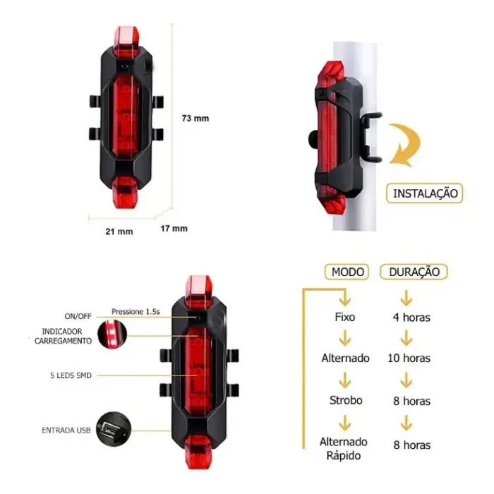 Lanterna de LED Vermelho Traseira Recarregável USB Bing Bicicleta